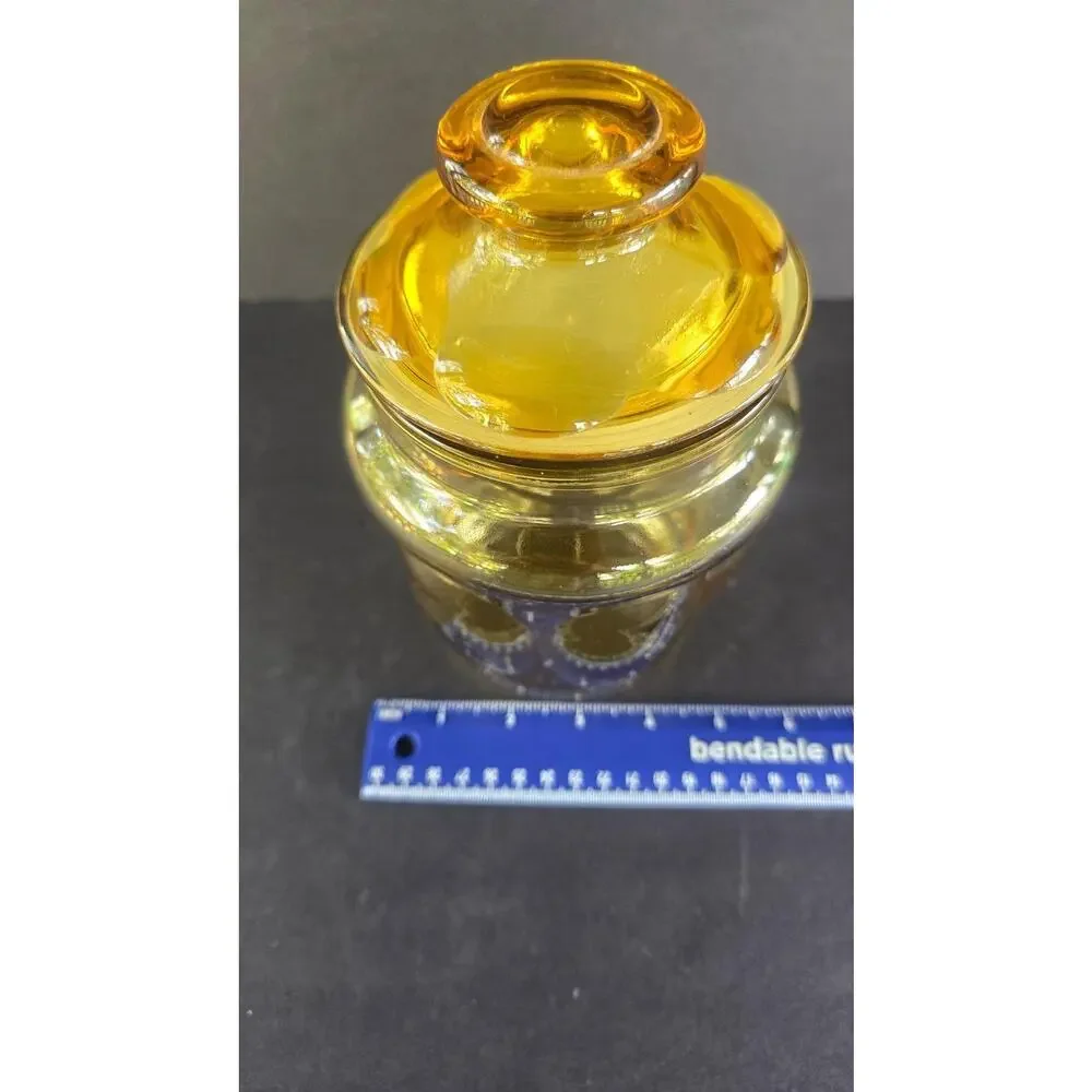 Vintage Amber Yellow Pressed Bubble Glass Jar With Lid Round Canister Kitchen